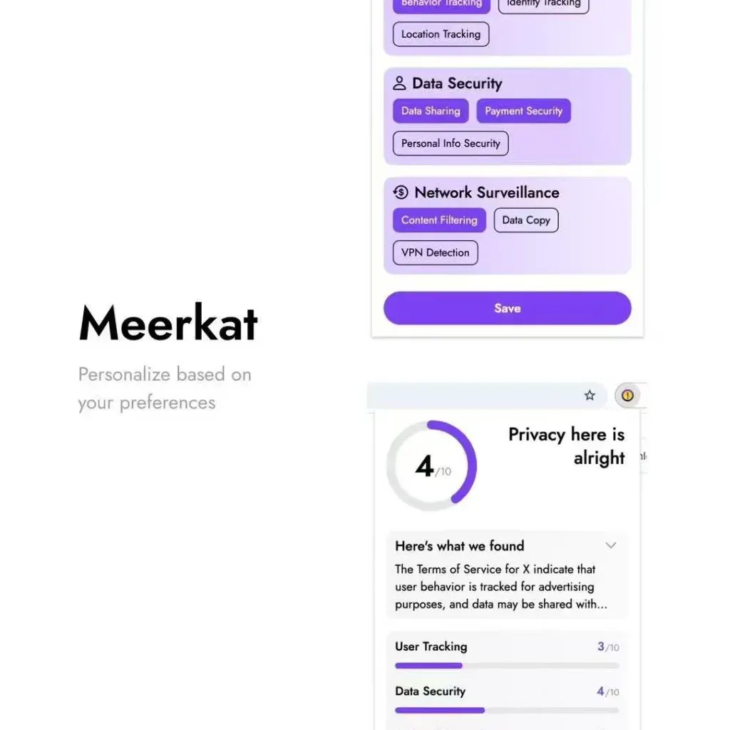 Meerkat app screens showing privacy scores for a website