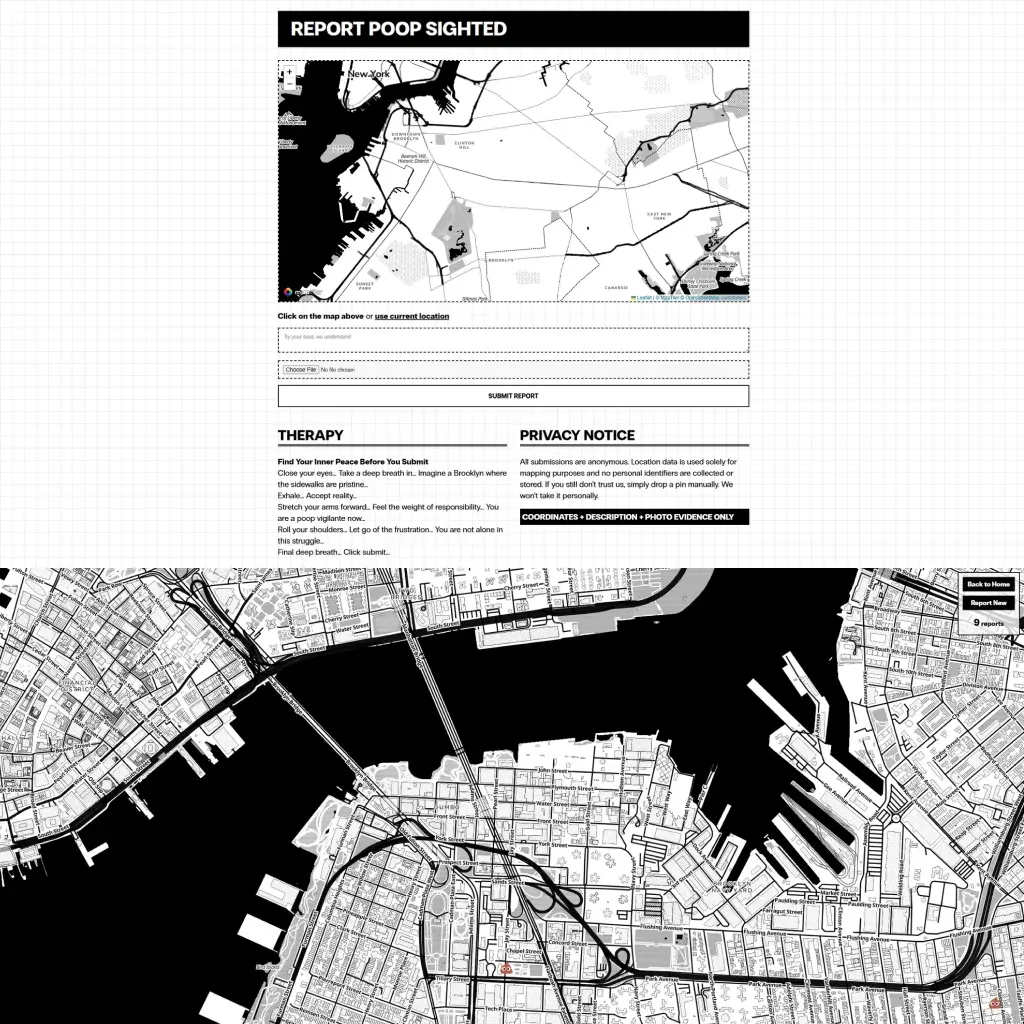 Black-and-white maps of New York with a “report poop sighted” form