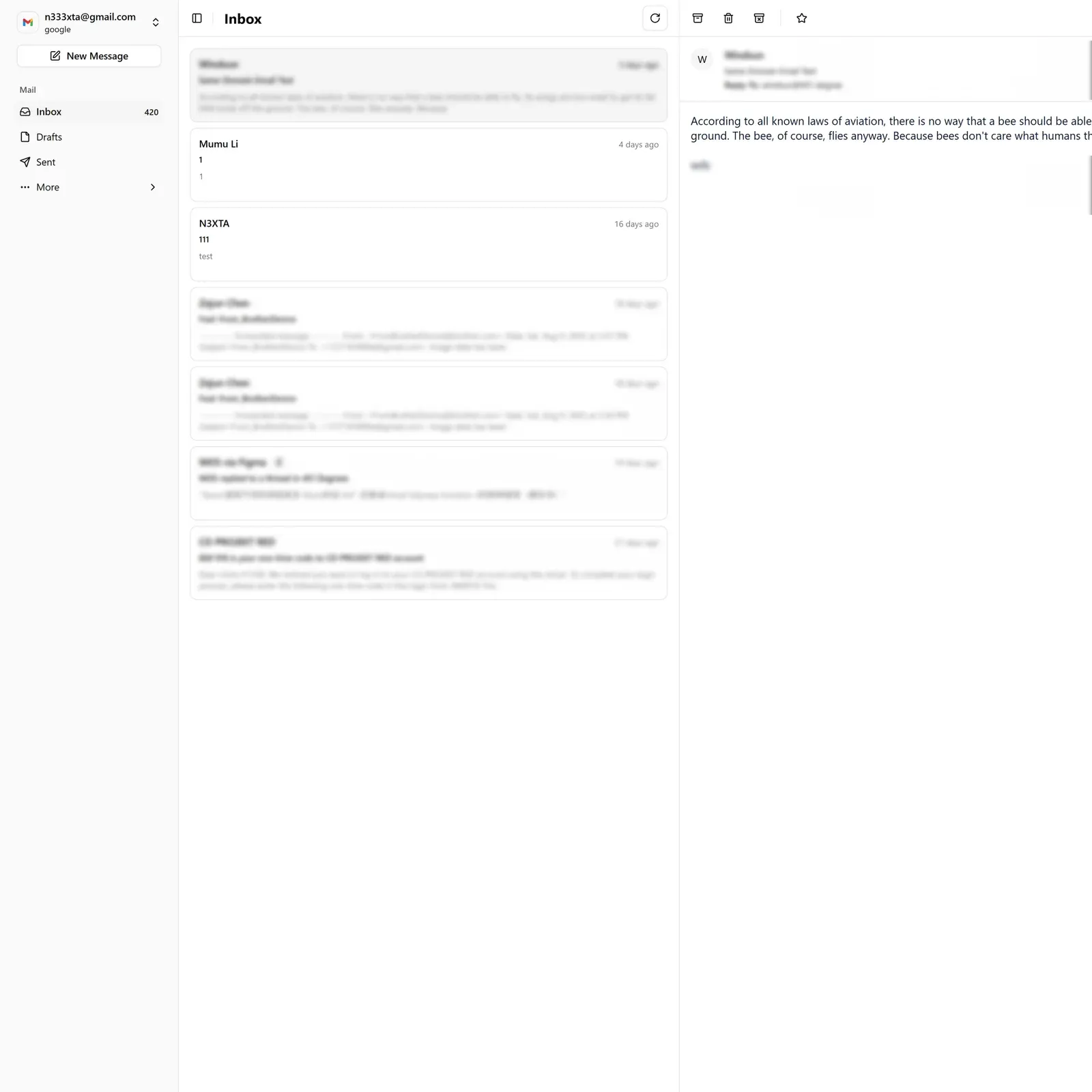 Inbox view of a minimal email client