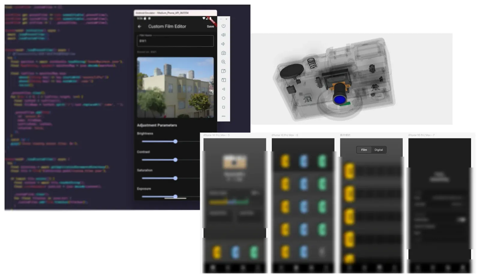 App screens beside a code editor